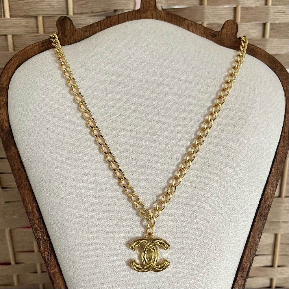 Designer Gold Quilted Pendant Zipper Pull Repurposed Necklace